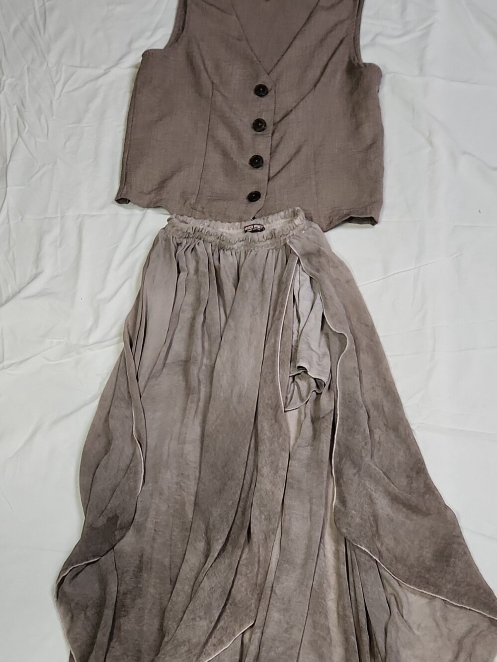 Women’s Taupe Flowy Maxi Skirt - Lightweight Boho Style With Button Vest SZ S